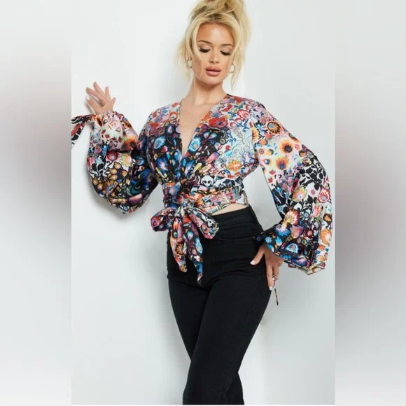 Jovani Beautiful Wrap Around Blouse With Bishop Sleeve Size 6 New With Tags - Picture 1 of 15